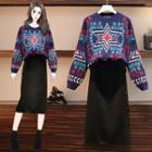Patterned Sweater / A-line Midi Skirt / Set