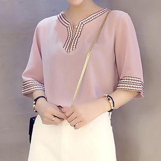 V-neck Elbow Sleeve Chiffon Blouse