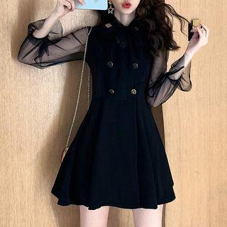 Buttoned Mesh Panel Long-sleeve Mini A-line Dress