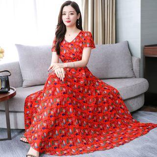 Leaf Print Short-sleeve Maxi A-line Dress