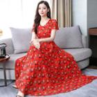 Leaf Print Short-sleeve Maxi A-line Dress