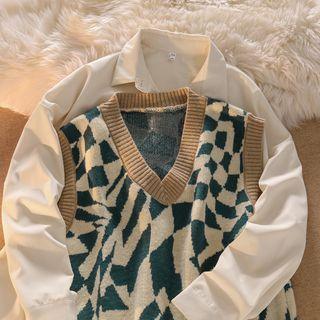 Plain Shirt / Jacquard Sweater Vest