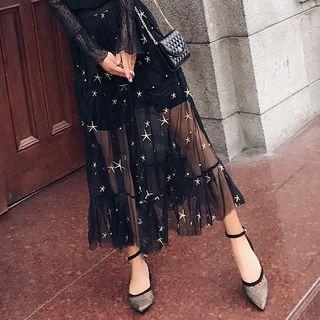 Star Embroidery Midi Sheer Skirt