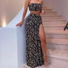 Set: Color-block Tube Top + Side Slit Midi A-line Skirt