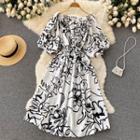 Off-shoulder Puff-sleeve Short-sleeve Print Dress