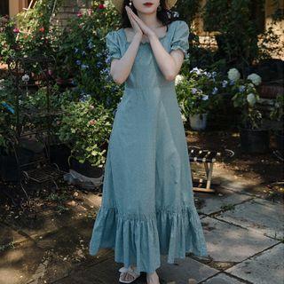 Puff-sleeve Ruffle Hem Maxi A-line Dress