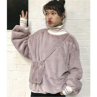 Turtleneck Striped Trim Furry Pullover
