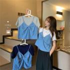 Mock Two-piece Short-sleeve Denim Bow T-shirt