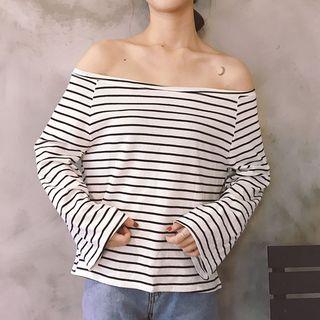 Striped Long-sleeve Off Shoulder T-shirt
