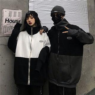 Color-block Turtle-neck Loose-fit Long-sleeve Zip Jacket