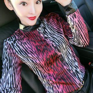 Faux Leather Panel Long-sleeve Leopard Print Shirt