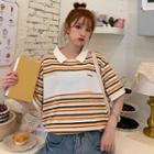 Elbow-sleeve Striped Collared Top