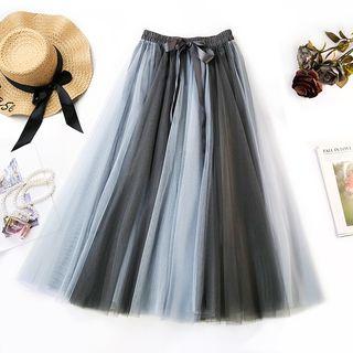 Color Block Mesh Midi A-line Skirt