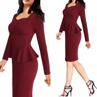 Houndstooth Long-sleeve Peplum Dress