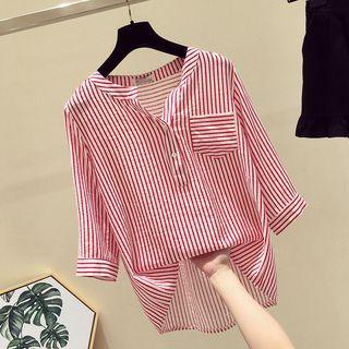 Striped Pocket Detail 3/4-sleeve Blouse