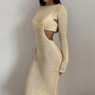 Set: Plain Cropped Camisole Top + Open Back Long-sleeve Maxi Bodycon Dress