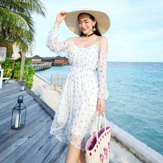 Cold Shoulder Long-sleeve Chiffon Dress