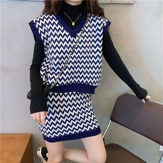 Plain Shirt / Knit Printed Vest / Mini Straight-fit Skirt / Turtleneck Long-sleeve T-shirt
