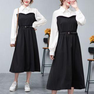 Mock Two-piece Long-sleeve Two-tone Midi A-line Dress