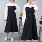 Mock Two-piece Long-sleeve Two-tone Midi A-line Dress