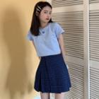 Butterfly Print Short-sleeve Cropped T-shirt / Plaid Mini A-line Skirt
