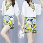 Set: Elbow-sleeve Top + High-waist Printed Shorts