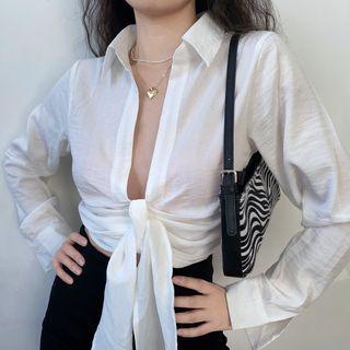V-neck Cropped Lace-up Long-sleeve Shirt