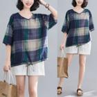 Short-sleeve V-neck Plaid Top Gingham - Bluish Green - One Size