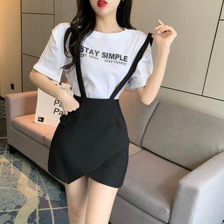 Elbow-sleeve Lettering T-shirt / Mini A-line Skirt With Suspender / Set
