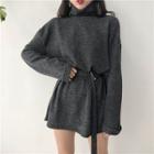 Turtleneck Tie Waist Long-sleeve Dress Dark Gray - One Size