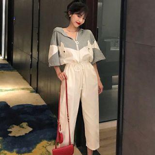 Two-tone Elbow-sleeve Hooded Jumpsuit