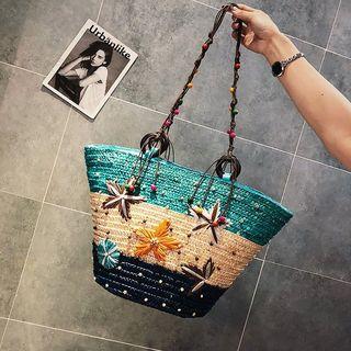Flower Accent Color Block Woven Tote