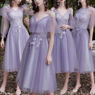 Short-sleeve Floral Applique Midi A-line Mesh Dress (various Designs)
