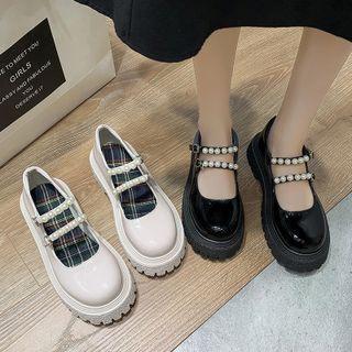Faux Pearl Double Strap Platform Mary Jane Shoes