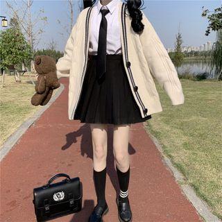 Plain Shirt / Tie / Contrast Trim Cardigan / Mini Pleated Skirt / Set