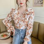 Floral Ruffle Trim Tie-strap Cropped Blouse