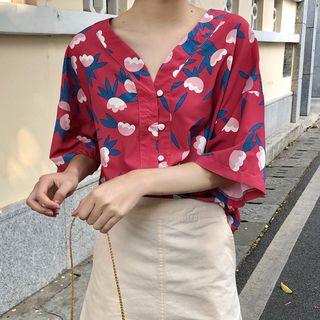 Short-sleeve Flower Print V-neck Blouse