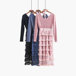 Layered Mesh-panel Velvet A-line Dress