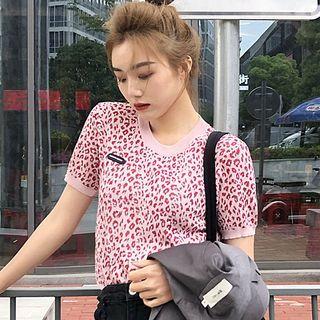 Short-sleeve Leopard Print Knit Top Leopard - Pink - One Size