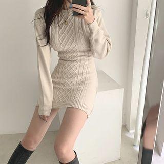 Plain Crewneck Slim-fit High-waist Long-sleeve Cable-knit Dress