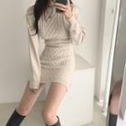 Plain Crewneck Slim-fit High-waist Long-sleeve Cable-knit Dress