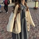 Plain Long-sleeve Knit Cardigan / Ribbon Lace-up Plaid Long-sleeve Dress