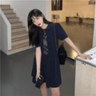 Short-sleeve Mini A-line Shirt Dress Navy Blue - One Size