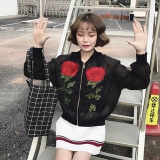 Rose Embroidered Sheer Bomber Jacket