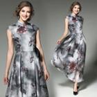 Floral Print Stand Collar Sleeveless Sheath Dress