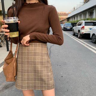 Frill Trim Mock Neck Plain Top