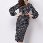 Dotted Long-sleeve Midi Sheath Dress