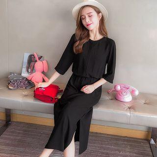 Elbow-sleeve Slit Midi Dress