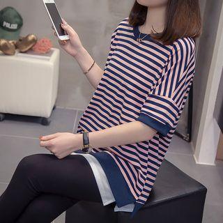 Short-sleeve Striped Mock Two-piece T-shirt