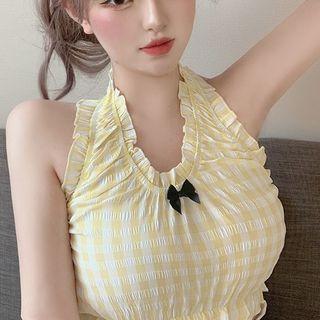 Halter-neck Plaid Top / Mini A-line Pleated Skirt
